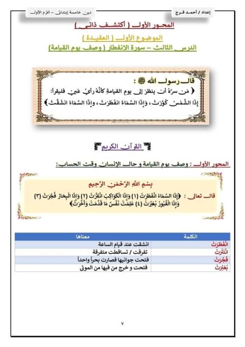 مدرس دوت كوم مذكره في مادة التربية الدينية الإسلامية الصف الخامس الابتدائي الفصل الدراسي الأول أ/أحمد فرج