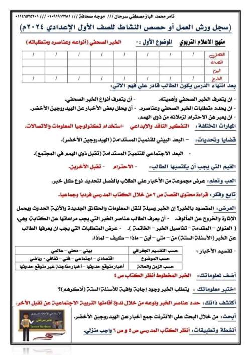 مدرس اول تحضير ورشة عمل الصحافة للصف الاول الاعدادي الترم الاول أ/ تامر سرحان