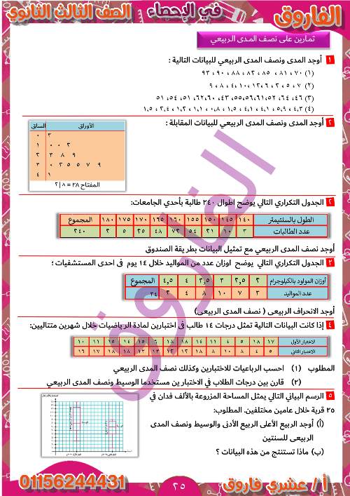 مدرس اول مذكرة فى الوحدة الثانية فى الاحصاء الصف الثالث الثانوى أ/ عشرى فاروق 