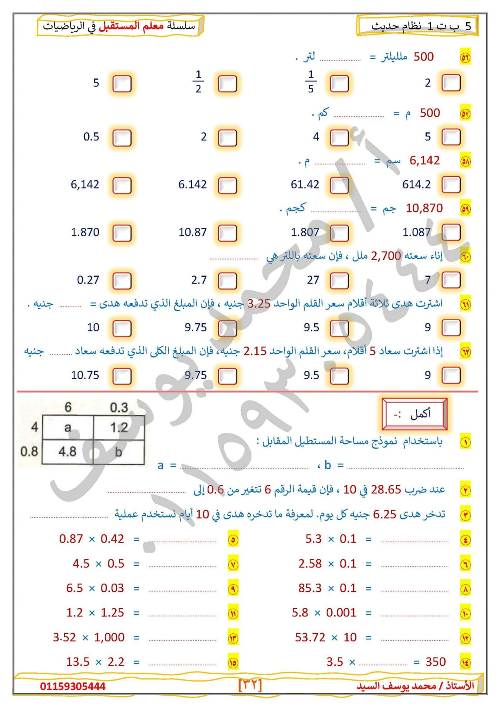 مدرس دوت كوم مراجعه في الرياضيات الصف الخامس الإبتدائي الترم الأول  ( الجزء الثاني )أ/ محمد يوسف السيد