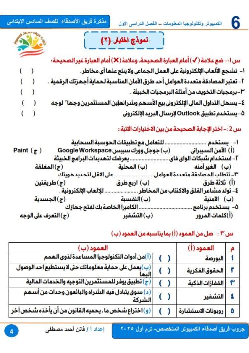 مدرس اول مذكرة تكنولوجيا للصف السادس الابتدائي الترم الاول ( الجزء الثالث ) أ/ فاتن مصطفي