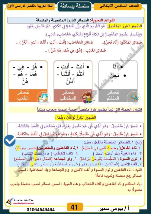 مدرس اول مذكرة  في اللغة العربية للصف السادس الابتدائي الترم ألاول ( الجزء الثالث) أ/ ايهاب احمد