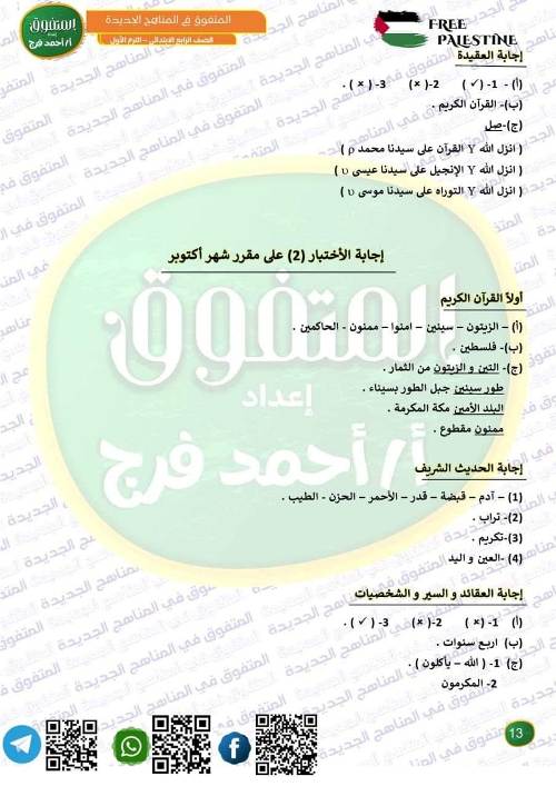 مدرس اول مراجعه في مادة التربية الدينية الإسلامية الصف الرابع الابتدائي الترم الاول 