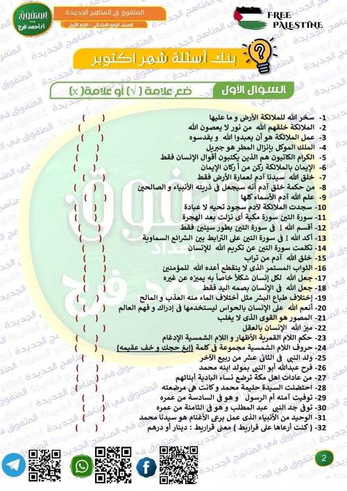 مدرس اول مراجعه في مادة التربية الدينية الإسلامية الصف الرابع الابتدائي الترم الاول 