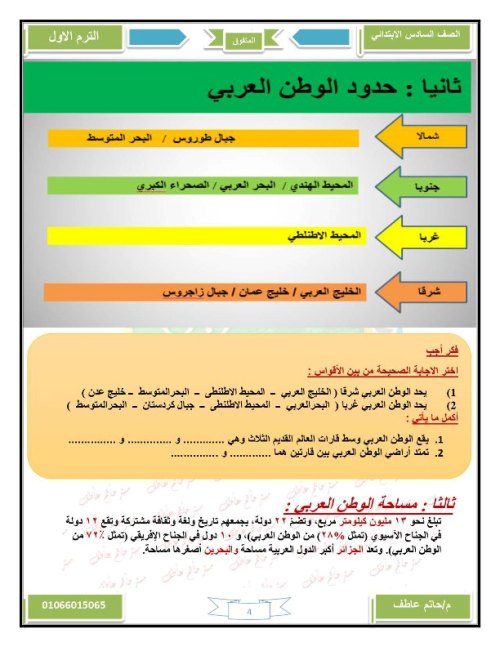 مدرس اول مذكرة الدراسات للصف السادس الابتدائي ترم اول أ/ حاتم عاطف