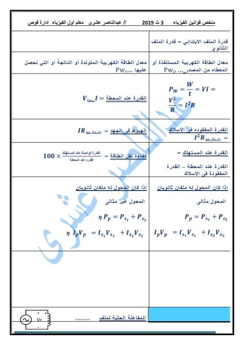 مدرس اول ملخص قوانين الفيزياء للصف الثالث الثانوي أ/ عبد الناصر عشري