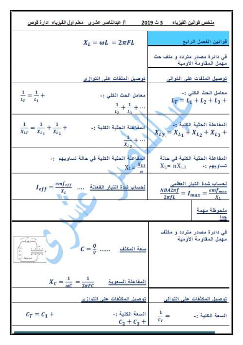 مدرس اول ملخص قوانين الفيزياء للصف الثالث الثانوي أ/ عبد الناصر عشري