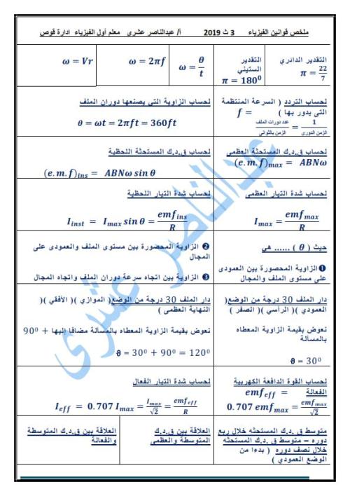 مدرس اول ملخص قوانين الفيزياء للصف الثالث الثانوي أ/ عبد الناصر عشري