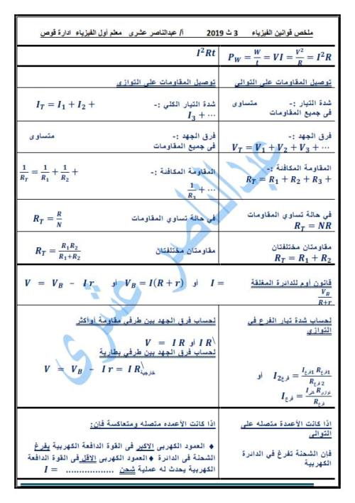 مدرس اول ملخص قوانين الفيزياء للصف الثالث الثانوي أ/ عبد الناصر عشري