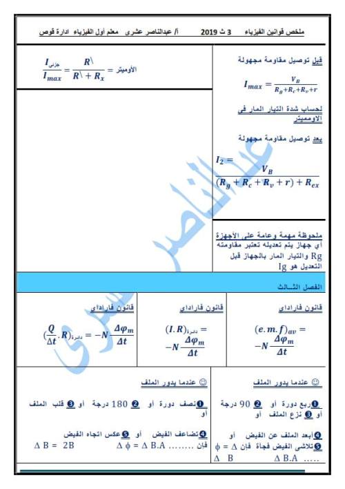 مدرس اول ملخص قوانين الفيزياء للصف الثالث الثانوي أ/ عبد الناصر عشري