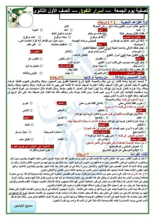 مدرس دوت كوم امتحانات شهر اكتوبر فى اللغة العربية الصف الاول الثانوى الترم الاول أ/ هاني الكردوني 