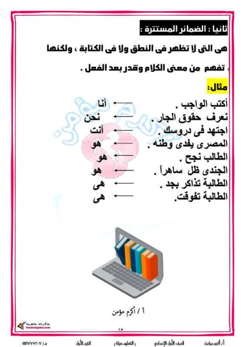 مدرس دوت كوم مذكرة قوعد نحوية فى اللغة العربية (الجزء الاول ) الصف الاول الاعدادى الترم الاول أ/ اكرم مؤمن 