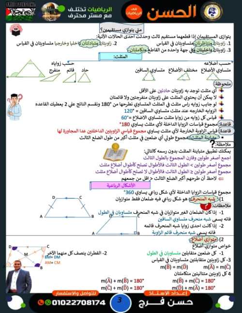 مدرس دوت كوم ملخص هندسه الصف الاول الإعدادي الترم الاول أ/ حسن فرج 