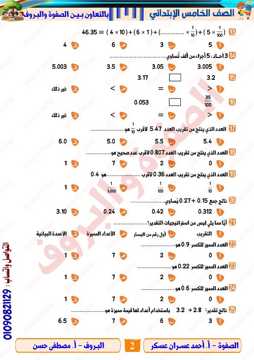 مدرس اول مراجعة نهائية في الرياضيات الصف الرابع الابتدائي الترم الاول أ/ احمد عسران 