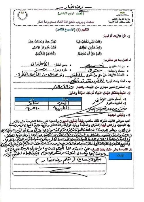 مدرس دوت كوم اجابة التقييم الاسبوعي الثامن فى اللغة العربية الصف الرابع الابتدائى الترم الاول أ/ رضا نصار 