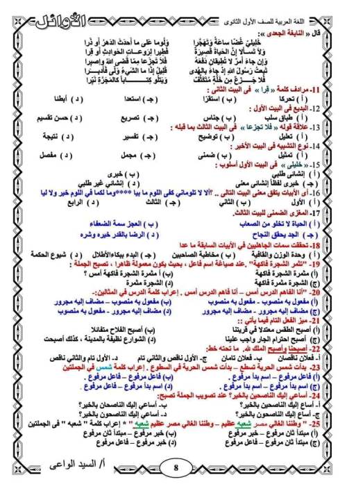 مدرس اول امتحانات على مقرر شهر نوفمبر فى اللغة العربية الصف الاول الثانوى الترم الاول أ/ السيد الواعى 