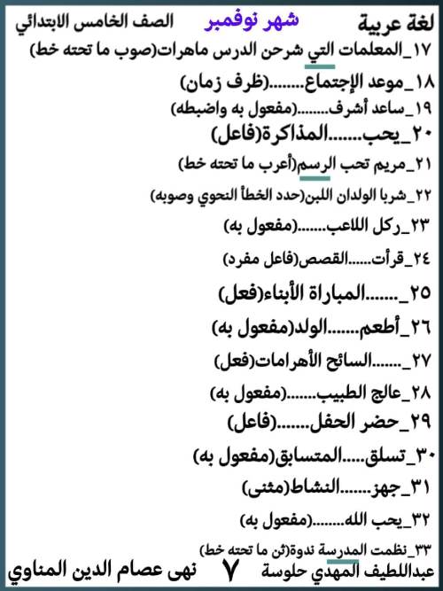 مدرس اول مقرر شهر نوفمبر فى القواعد النحوية والاملائية فى اللغة العربية للصف الخامس الابتدائى الترم الاول أ/ عبد اللطيف حلوسة ، أ/ نهى عصام الدين  