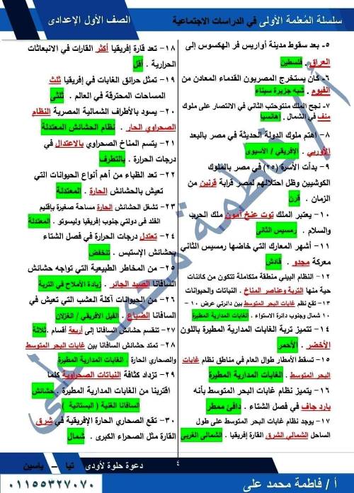 مدرس دوت كوم  مراجعة نوفمبر بالاجابات فى مادة الدراسات الاجتماعية الصف الاول الاعدادى الترم الاول أ/  فاطمة محمد