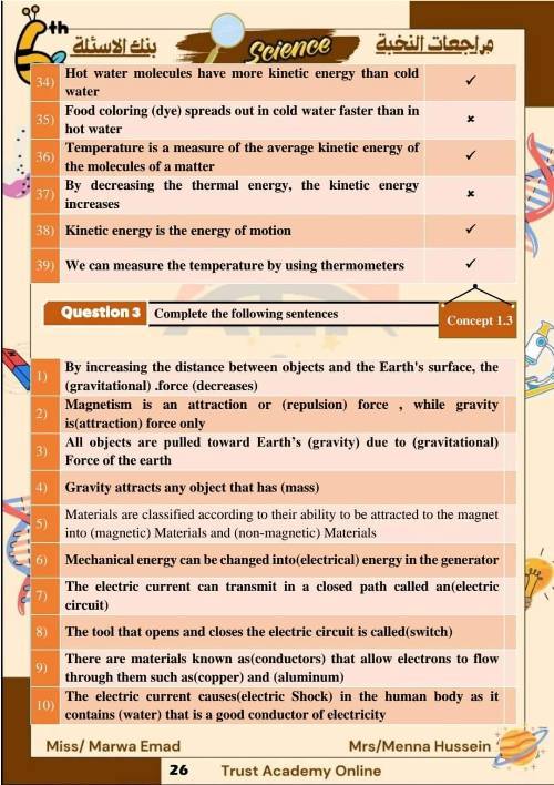 مدرس اول مراجعات science للصف السادس الابتدائي ( الجزء التاني)أ/ منة الله حسين أ/ مروه عماد