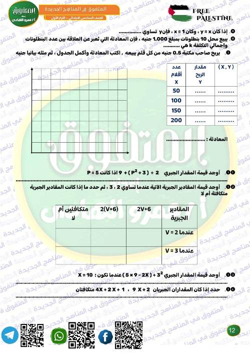 مدرس اول أسئلة لمقرر شهر نوفمبر رياضيات الصف السادس الإبتدائي الفصل الدراسي الأول