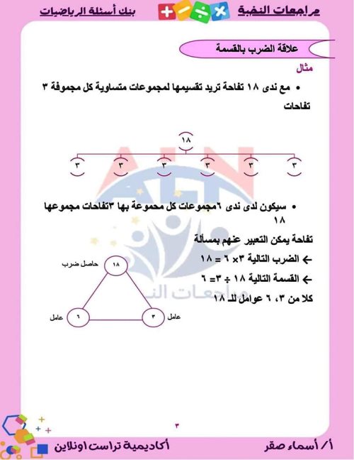 مدرس اول بنك أسئلة على مقررات شهر نوفمبر بالإجابات فى الرياضيات (الجزء الاول) الصف الثالث الابتدائى الترم الاول أ/اسماء صقر