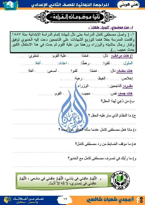 مدرس دوت كوم المراجعة النهائية فى اللغة العربية (الجزء الاول) الصف الثانى الاعدادى الترم الاول أ/ مجدى شعبان شافعى 