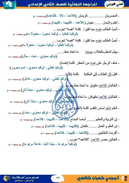 مدرس دوت كوم المراجعة النهائية فى اللغة العربية (الجزء الثانى) الصف الثانى الاعدادى الترم الاول أ/ مجدى شعبان شافعى