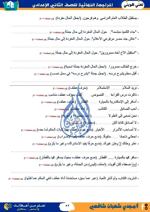 مدرس دوت كوم المراجعة النهائية فى اللغة العربية (الجزء الثانى) الصف الثانى الاعدادى الترم الاول أ/ مجدى شعبان شافعى