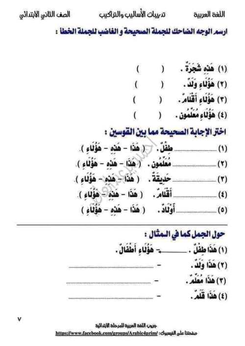 مدرس دوت كوم تدريبات فى الاساليب والتراكيب فى النحو(الجزء الاول) للصف الثاني الابتدائي الترم الاول أ/ احمد بدير عبدالعاطي