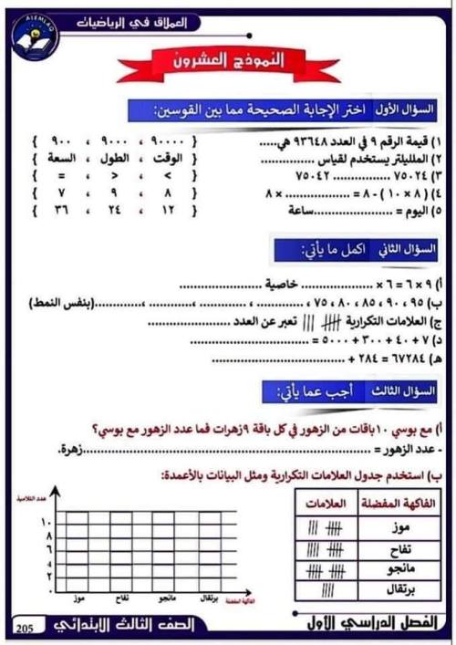 مدرس اول نماذج رياضيات للصف الثالث الابتدائي الترم الأول
