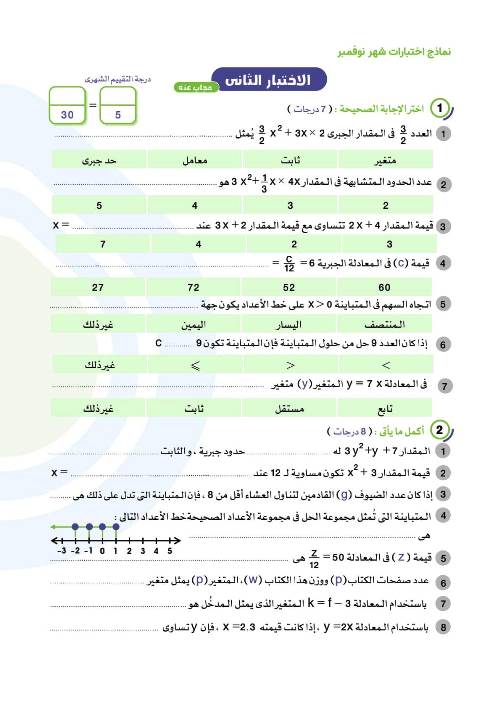 مدرس اول نماذج إختبارات لمقرر شهر نوفمبر فى الرياضيات (الجزء الاول ) الصف السادس الإبتدائي الترم الاول أ/ اسلام شاكر 