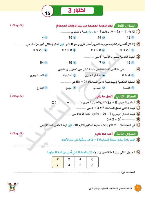 مدرس اول نماذج إختبارات لمقرر شهر نوفمبر فى الرياضيات (الجزء الاول ) الصف السادس الإبتدائي الترم الاول أ/ اسلام شاكر 