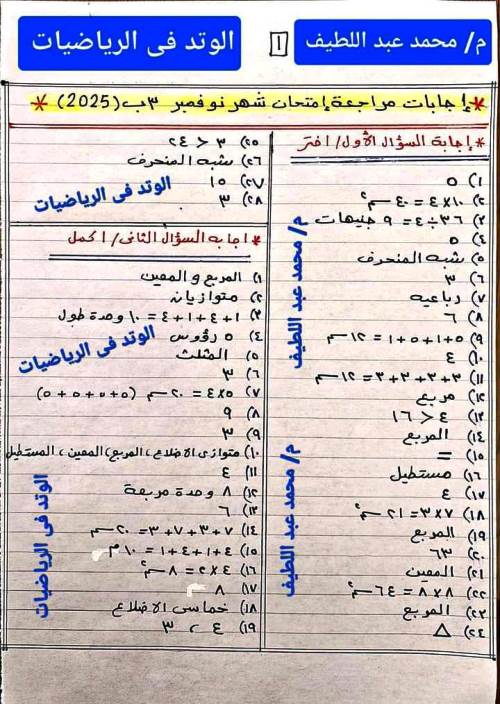 مدرس اول مراجعه امتحان شهر نوفمبر فى الرياضيات الصف الثالث الابتدائى الترم الاول أ/ محمد عبد اللطيف