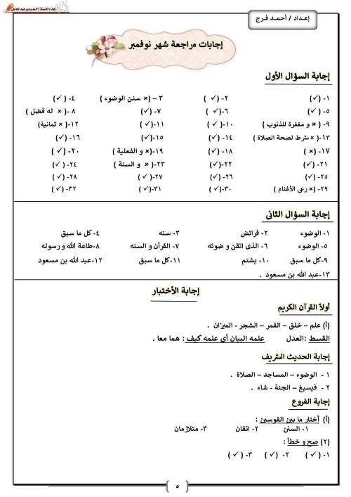 مدرس اول مراجعة نوفمبر دين الصف الثالث الابتدائي+نموذج الإجابة أ/ أحمد فرج 