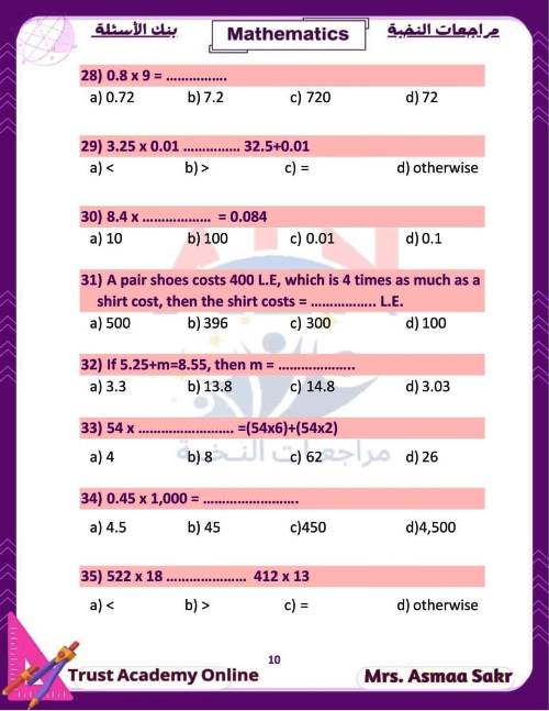 مدرس دوت كوم مراجعة في مادة الــ MATH  للصف الخامس الابتدائي الترم الاول أ/ اسماء صقر