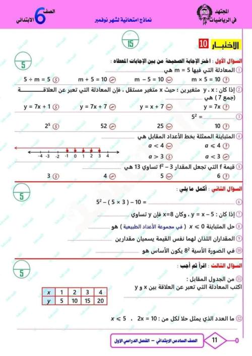 مدرس اول مقرر شهر نوفمبر  في الرياضيات الصف السادس الابتدائي الترم الاول