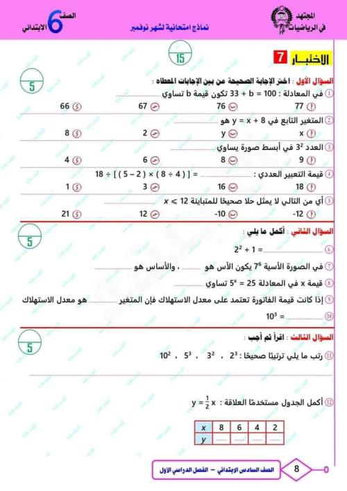 مدرس اول مقرر شهر نوفمبر  في الرياضيات الصف السادس الابتدائي الترم الاول