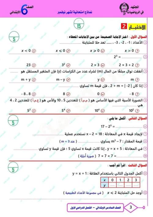 مدرس اول مقرر شهر نوفمبر  في الرياضيات الصف السادس الابتدائي الترم الاول