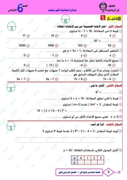 مدرس اول مقرر شهر نوفمبر  في الرياضيات الصف السادس الابتدائي الترم الاول