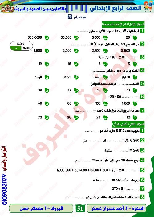 مدرس دوت كوم مراجعه في الرياضيات الصف الرابع الابتدائي الترم الاول  أ/ احمد عسران عسكر 