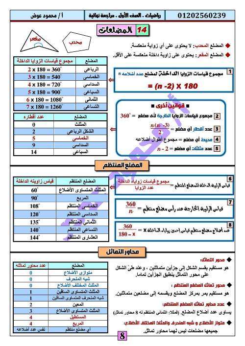 مدرس اول مراجعة نهائية فى مادة الرياضيات الصف الاول الاعدادى الترم الاول أ/ محمود عوض 