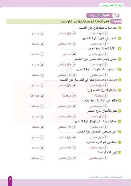 مدرس اول مراجعة اختبار نوفمبر في اللغة العربية الصف السادس الابتدائي 