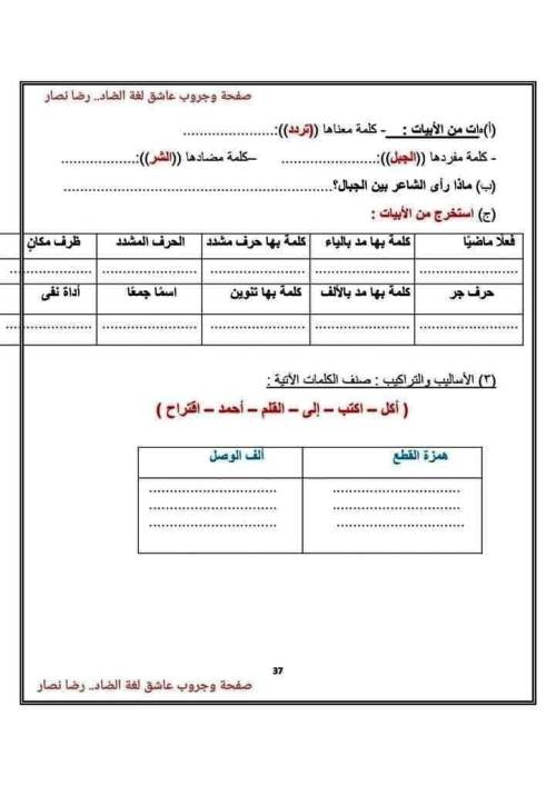 مدرس اول تدريبات لغوية و نحوية فى اللغة العربية للصف الثالث الابتدائي الترم الاول أ/ رضا نصار