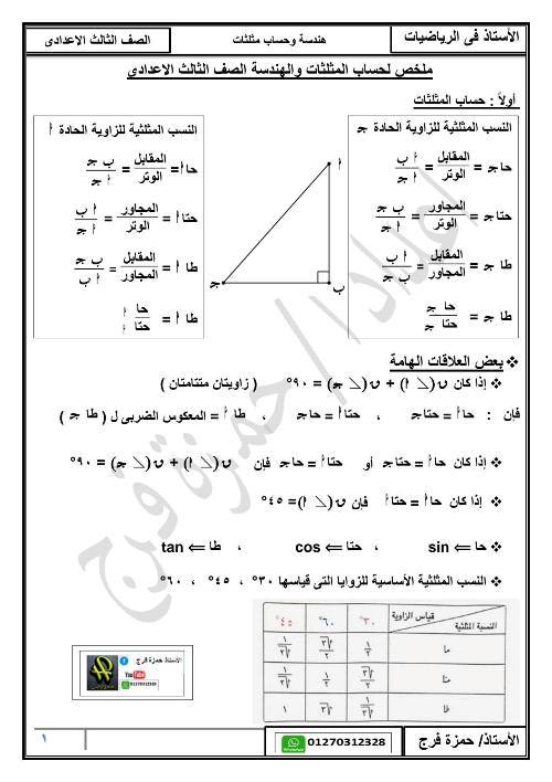 مدرس اول ملخص هندسة وحساب مثلثات الصف الثالث الاعدادى الترم الأول أ/ حمزه فرج