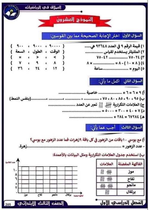 مدرس دوت كوم نماذج اختبارات نهائية في الرياضيات  الصف الثالث الإبتدائي ترم أول