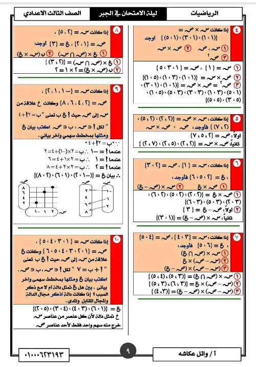 مدرس اول تمارين فى مادة الرياضيات الصف الثالث الاعدادى الترم الاول أ/ وائل عكاشة 