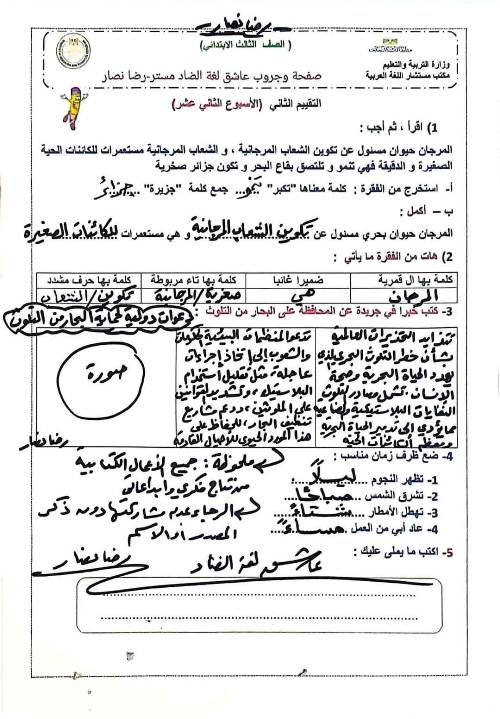 مدرس دوت كوم  تقييمات الأسبوع 12 في اللغة العربية للصفوف الثالث و السادس الإبتدائي  أ/ رضا نصار