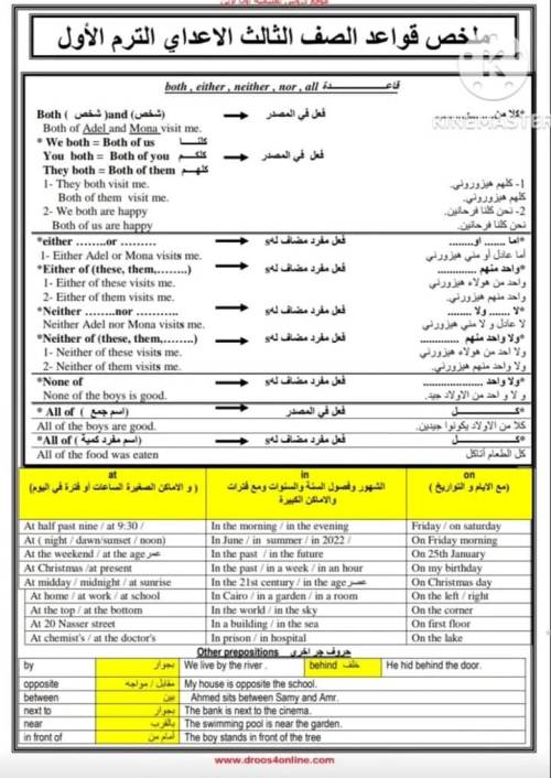 مذكرتى ملخص قواعد الصف الثالث الاعدادي الترم الاول