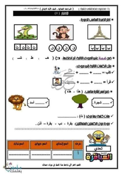 مذكرتى  نماذج تقييمات لغة عربية الصف الأول الابتدائي الترم الاول أ/ محمود مصطفى خشبه 