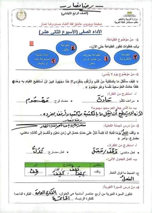 مدرس دوت كوم  التقييمات الاسبوعيه والواجبات المنزلية الاسبوع الثاني عشرفي اللغه العربيه الصف الرابع الابتدائي 